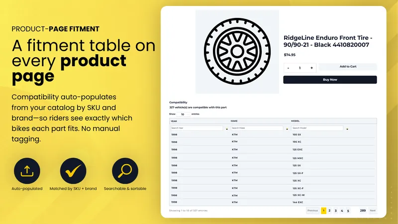 Shopify product page for a front tire with a MotoFit compatibility table showing 327 compatible vehicles, filterable by year, make, and model, with pagination